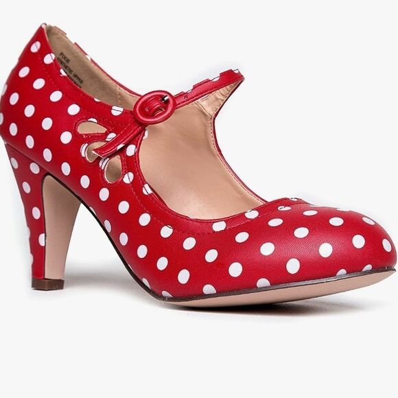 ⛱️J. Adams Red & White Polka Dot Retro Mary Jane Heels Size 8 - Picture 3 of 16